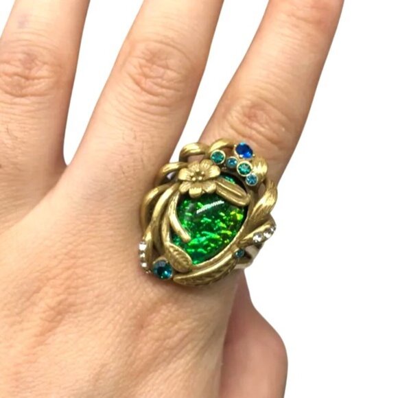 Vintage Style Dragons Breath Glass Blue Rhinestone Gold Tone Adjustable Ring - Picture 2 of 4